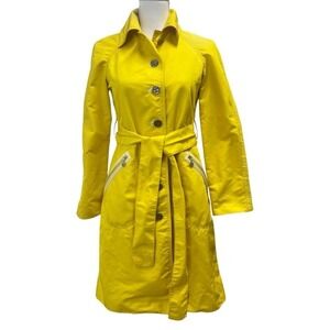 Tory Burch Yellow Trench Coat Belted Logo Button Rain Jacket Womens Size 0 FLAWS